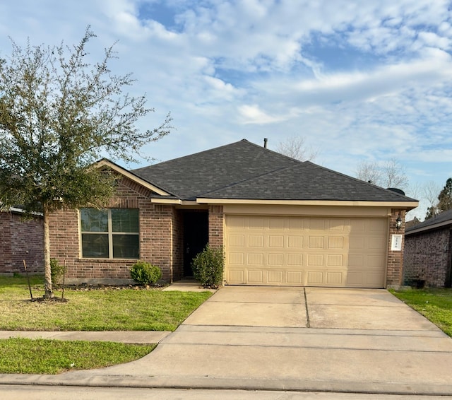 ranch-style house featuring an attached garage, roof with shingles, concrete driveway, and brick siding