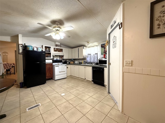 kitchen featuring lofted ceiling, visible vents, ceiling fan, a textured ceiling, and black appliances