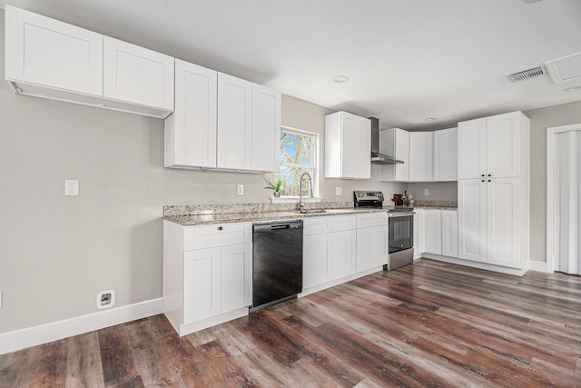 kitchen featuring visible vents, white cabinetry, wall chimney range hood, stainless steel electric range, and dishwasher