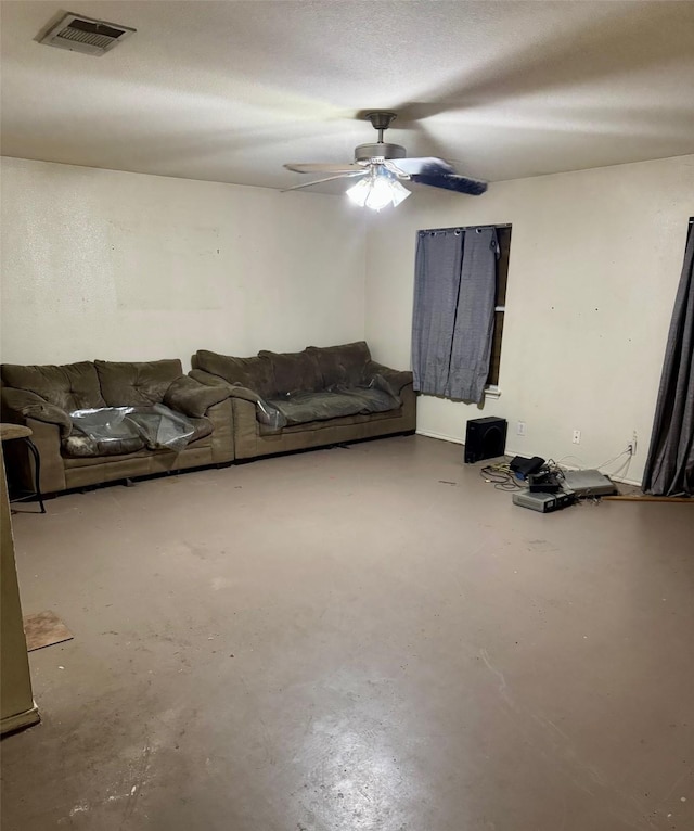 unfurnished living room featuring a ceiling fan, visible vents, and concrete flooring