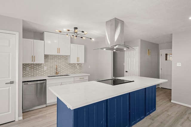 kitchen featuring black electric cooktop, a sink, light countertops, dishwasher, and island exhaust hood