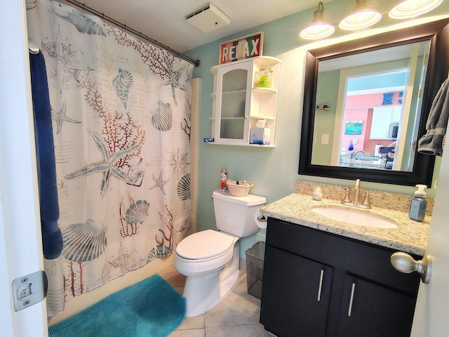 full bath with tile patterned flooring, a shower with curtain, vanity, and toilet