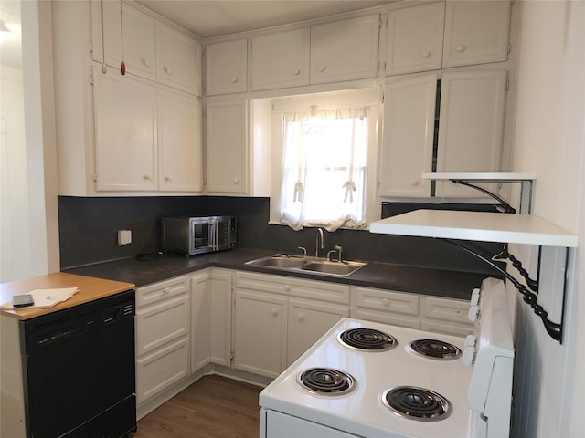 kitchen featuring a sink, white cabinetry, electric stove, dishwasher, and dark countertops