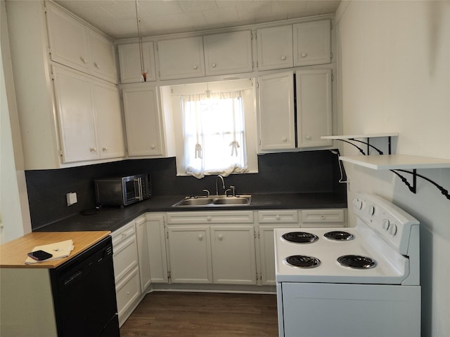 kitchen featuring black dishwasher, white electric stove, dark countertops, white cabinets, and a sink