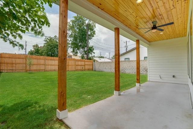 view of yard with a patio, a fenced backyard, and ceiling fan