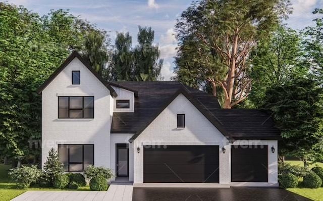 modern farmhouse style home with brick siding, an attached garage, and driveway