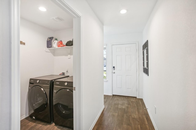 laundry area featuring laundry area, baseboards, dark wood finished floors, separate washer and dryer, and recessed lighting