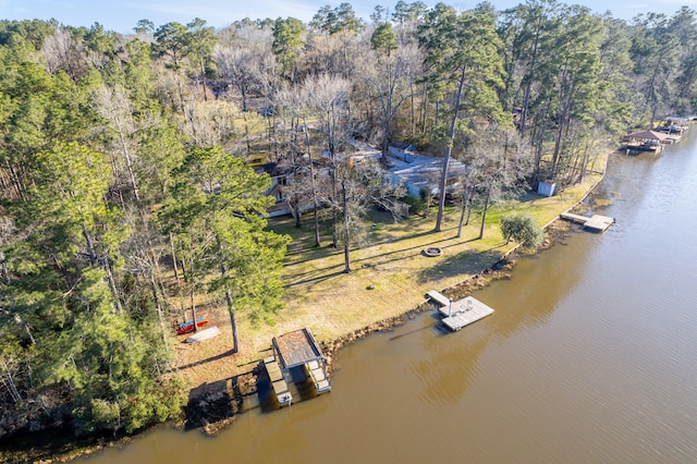 drone / aerial view featuring a water view and a view of trees