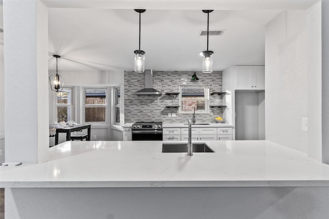 25511 Long Hill Ln, Spring, TX 77373 - kitchen with visible vents, a sink, wall chimney exhaust hood, decorative backsplash, and stainless steel electric range