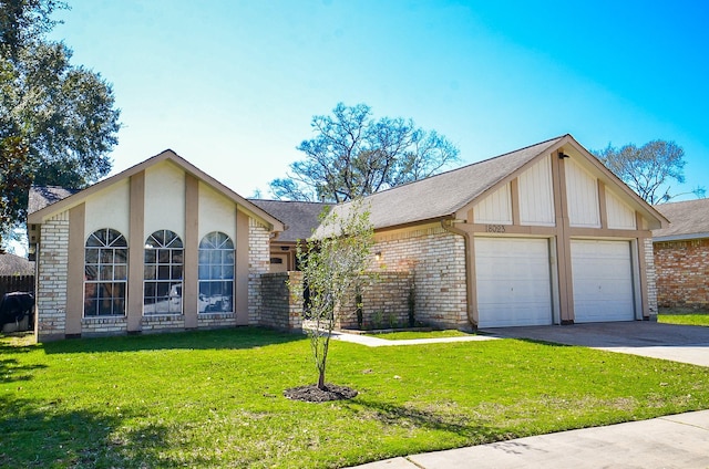 single story home featuring brick siding, a shingled roof, concrete driveway, a front yard, and a garage