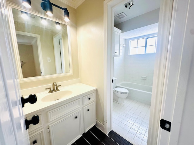 full bath with crown molding, visible vents, toilet, vanity, and tile patterned floors