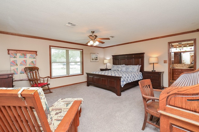 bedroom with crown molding, light colored carpet, visible vents, a textured ceiling, and baseboards