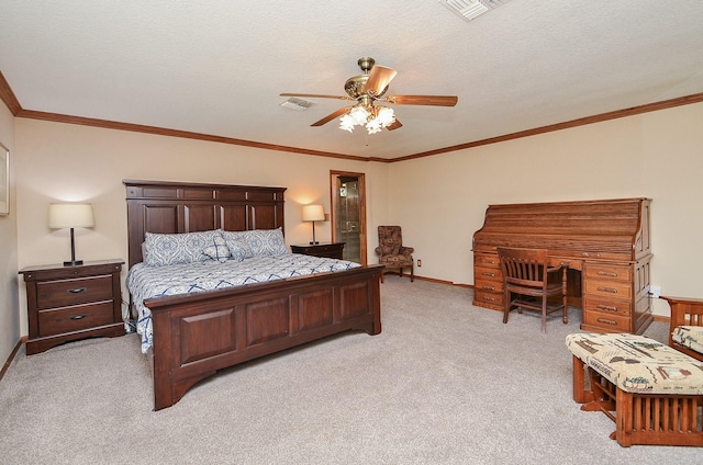 bedroom with light carpet, a textured ceiling, visible vents, and crown molding