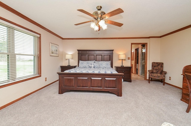 bedroom featuring light carpet, ceiling fan, ornamental molding, and baseboards