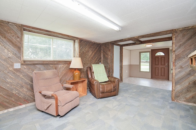 living area featuring carpet and wooden walls