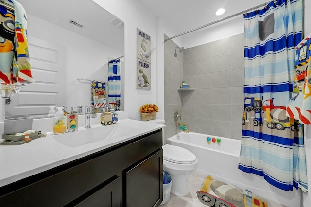 full bathroom with tile patterned flooring, visible vents, toilet, shower / bath combo, and vanity