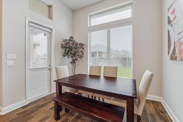 dining area featuring dark wood-style floors and baseboards