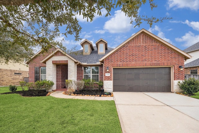 view of front of home featuring brick siding, roof with shingles, an attached garage, driveway, and a front lawn