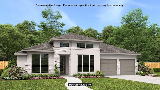 view of front facade with a garage, stone siding, driveway, and fence