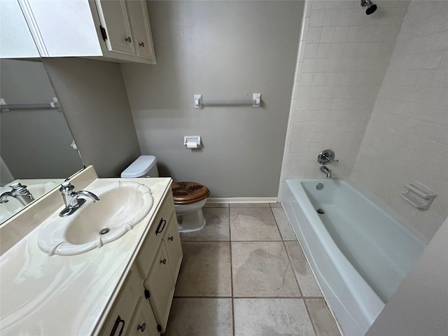 full bathroom with baseboards, toilet, tile patterned floors, vanity, and shower / bathing tub combination