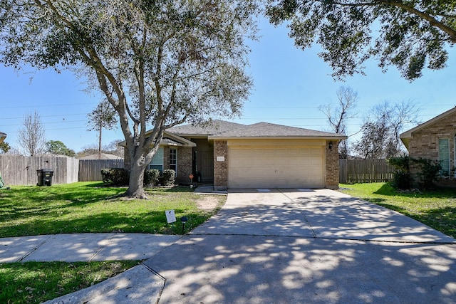 view of front of house featuring a garage, brick siding, fence, driveway, and a front yard