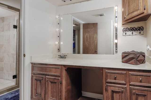 full bathroom with visible vents, a shower stall, and vanity