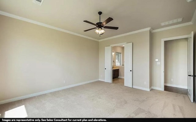 719 Woodbinde Dr, League City, TX 77573 - unfurnished bedroom featuring ornamental molding, visible vents, light carpet, and baseboards