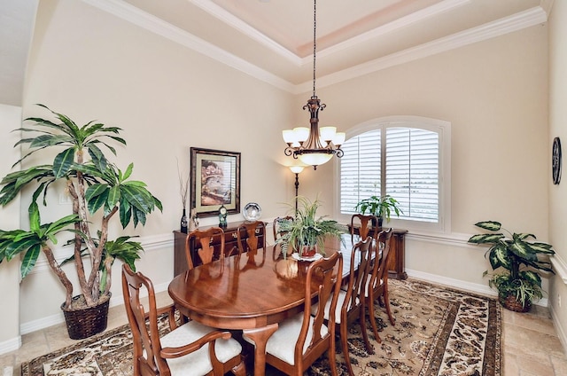 dining room with baseboards, a chandelier, crown molding, and light tile patterned flooring