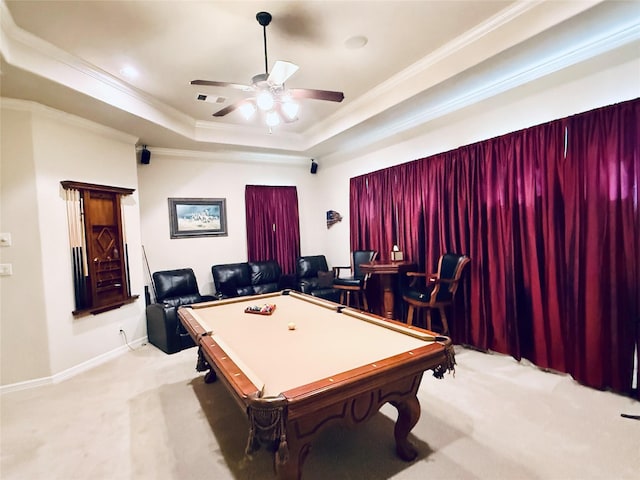 rec room with crown molding, a raised ceiling, visible vents, carpet flooring, and billiards