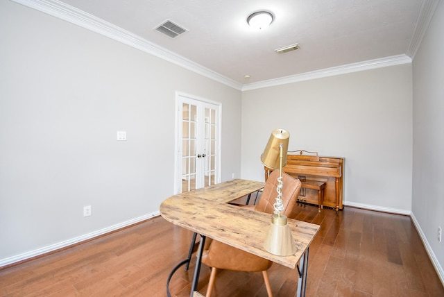 office featuring dark wood-style floors, visible vents, and french doors