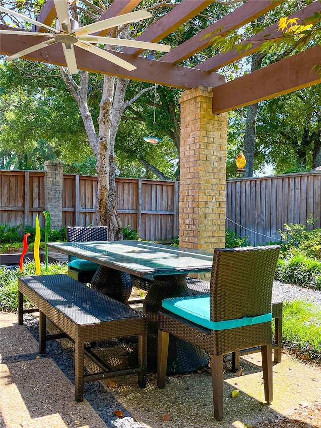 view of patio with outdoor dining area, a fenced backyard, and a pergola