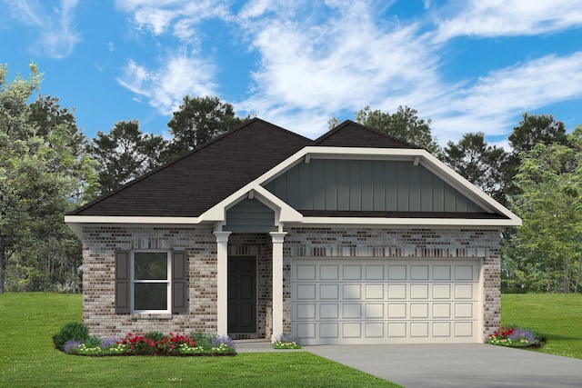 view of front of property with an attached garage, brick siding, driveway, board and batten siding, and a front yard