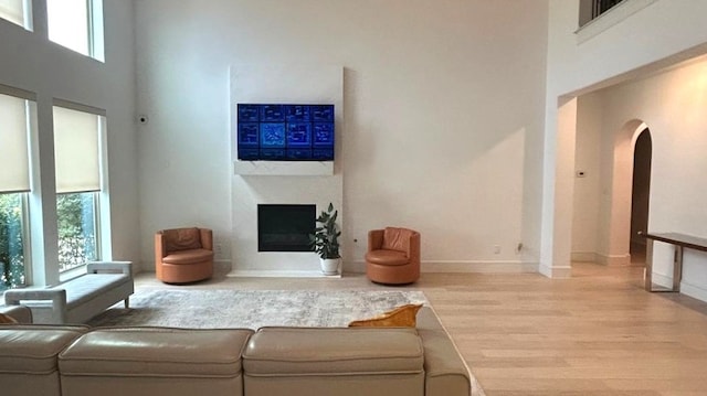 living area featuring light wood-style floors, a wealth of natural light, a fireplace, and a high ceiling