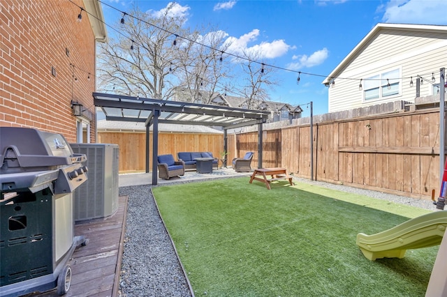 view of yard featuring an outdoor hangout area, a patio area, a pergola, cooling unit, and a fenced backyard