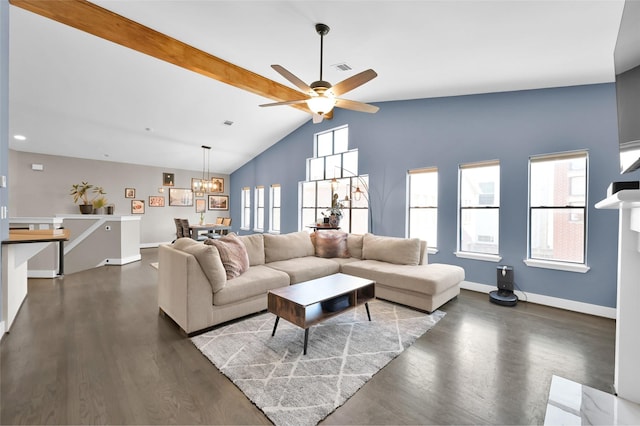 living area with visible vents, baseboards, dark wood finished floors, vaulted ceiling with beams, and ceiling fan with notable chandelier