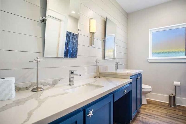 bathroom featuring vanity, wood finished floors, toilet, and baseboards