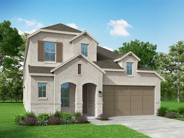 view of front facade with concrete driveway, roof with shingles, an attached garage, a front lawn, and brick siding