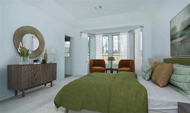 bedroom featuring french doors, visible vents, and light colored carpet