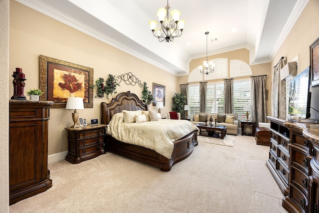 bedroom featuring crown molding, vaulted ceiling, light carpet, and a notable chandelier