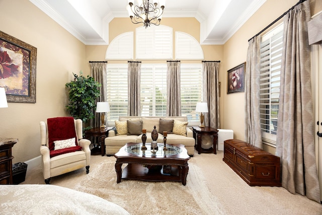 living area with a notable chandelier, crown molding, and light colored carpet