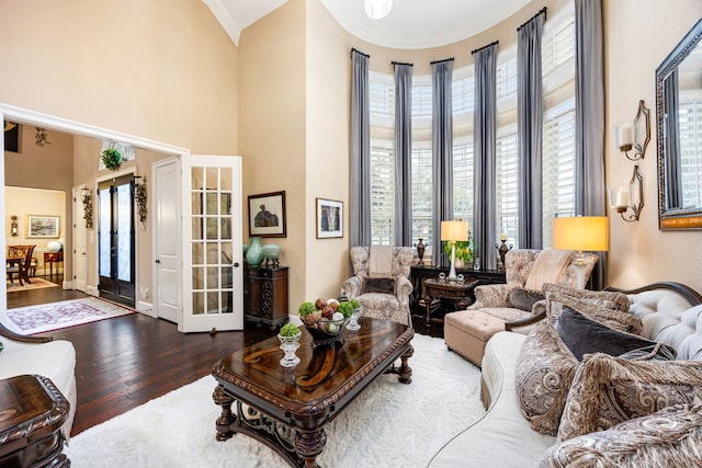 living room with dark wood-type flooring and a high ceiling