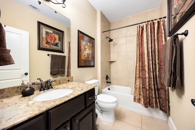 bathroom with visible vents, toilet, shower / bathtub combination with curtain, tile patterned flooring, and vanity