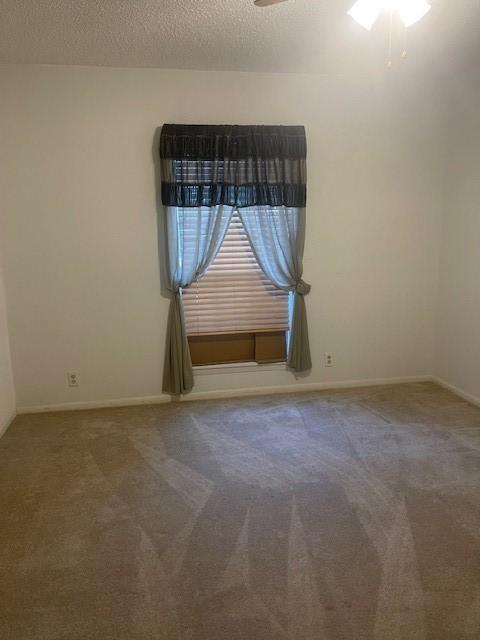 empty room featuring carpet, ceiling fan, and a textured ceiling