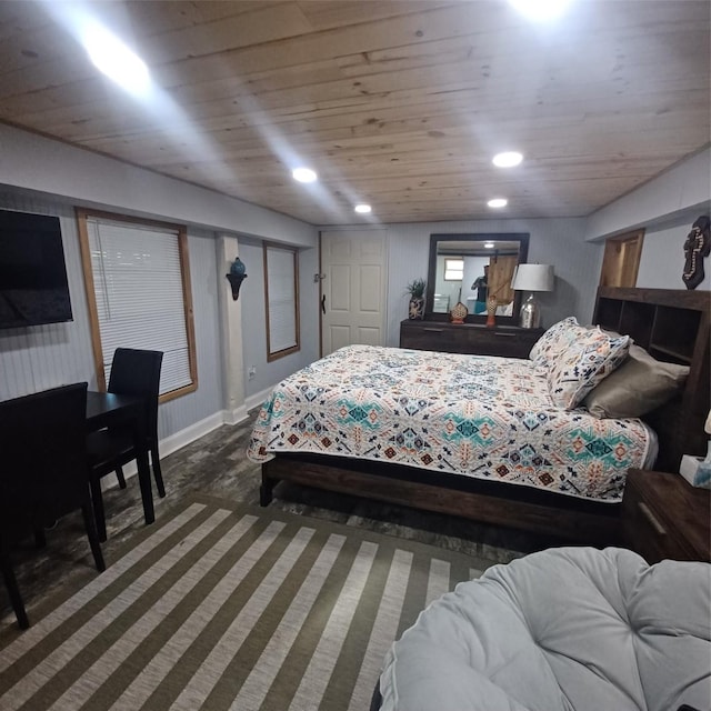 bedroom featuring wooden ceiling, baseboards, and recessed lighting