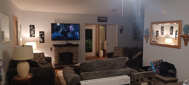 living room with a fireplace