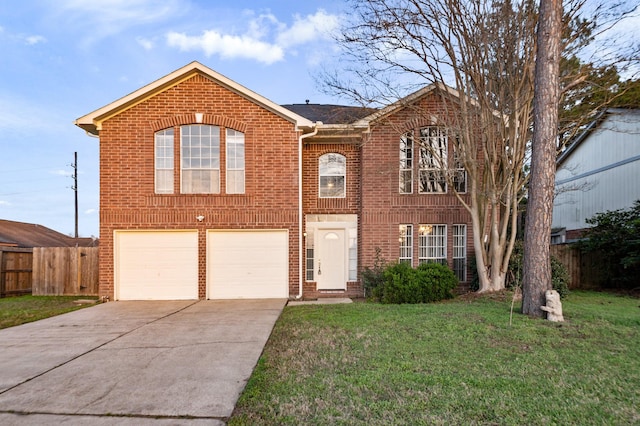 view of front of home featuring a garage, concrete driveway, fence, a front lawn, and brick siding