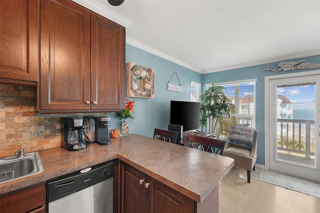 kitchen with tasteful backsplash, dishwasher, ornamental molding, a peninsula, and a sink