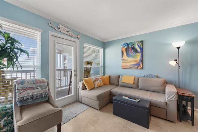 living room with light tile patterned floors and crown molding