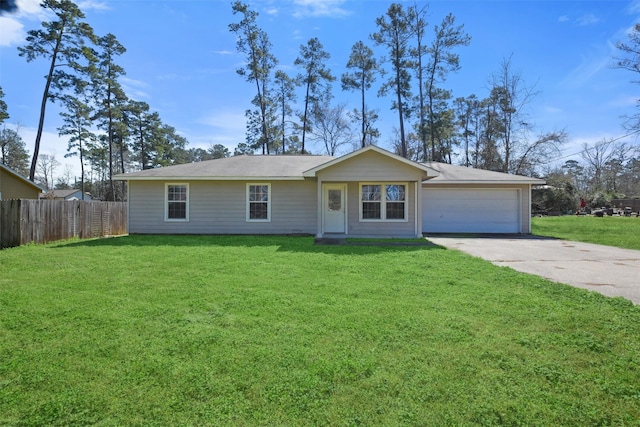 single story home with an attached garage, fence, driveway, and a front lawn