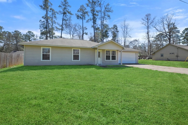 ranch-style house with a garage, driveway, a front lawn, and fence